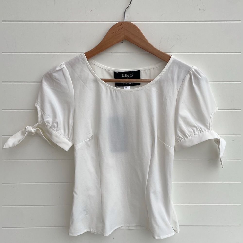 ModCloth Collectif Collab Bow Short Sleeve Blouse Light Retro Vintage Style Tip